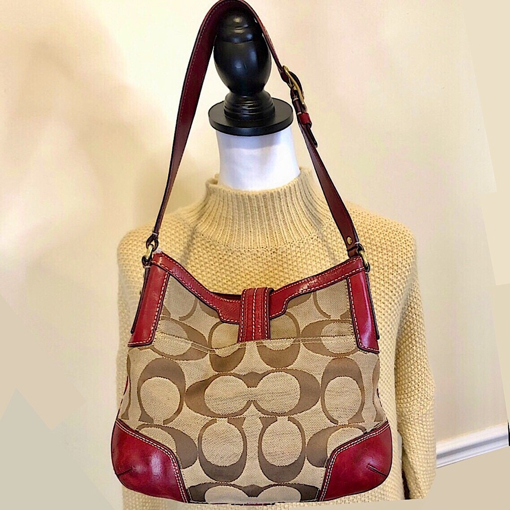 COACH Hampton Signature C Canvas Crimson Red Leather Embroidered Shoulder Bag - Picture 2 of 16